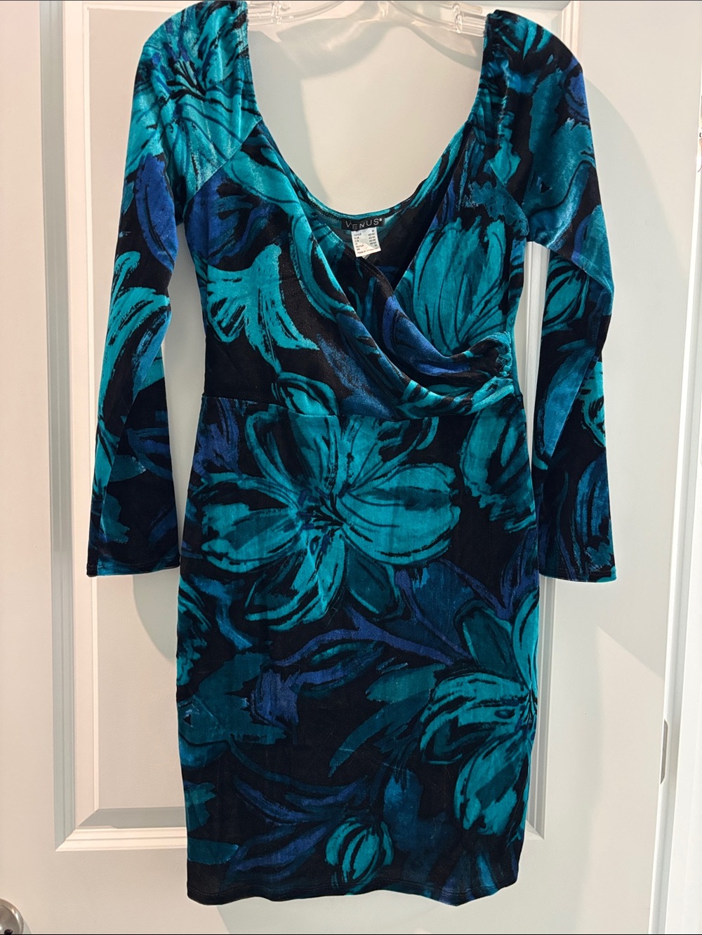 VENUS Teal & Navy Floral Wrap-Front Long Sleeve Dress